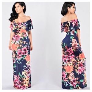 Navy Floral Off Shoulder Maxi